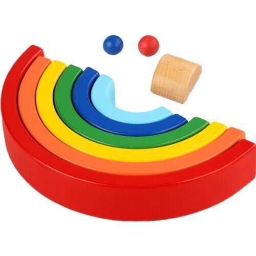 9-Piece Wooden Rainbow Stacker Nesting Puzzle Blocks Rainbow Tunnel Stacker Toy in Pastel Colors Montessori Educational Toy