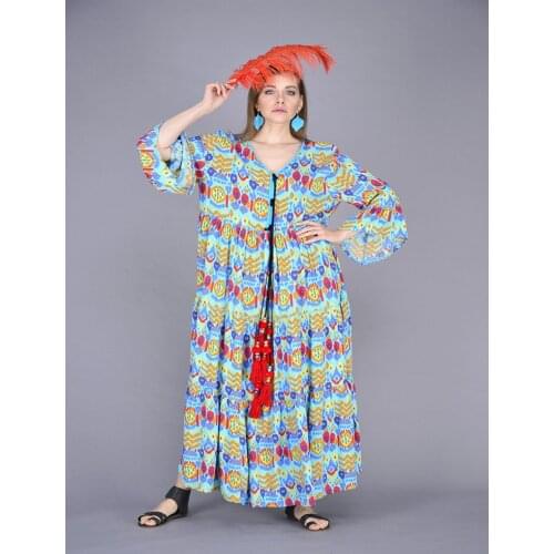 Tassel Detail V Neck Flywheel Long Cotton Fabric Viscose Dress 2021 New Fashion Summer And Spring Womens Clothing Collections