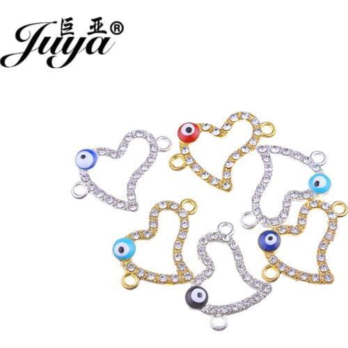 JUY High Quality Heart Shape Connector with CZ Rhinestone 25x18mm 10pcs Evil Eyes Connectors for Jewelry DIY Bracelet AE0067