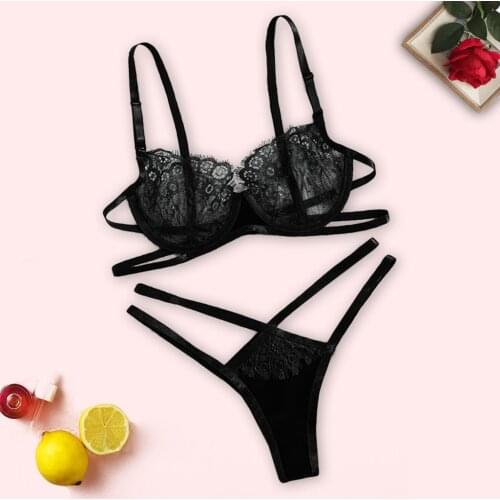 2pcs Women Sexy Lace Hollow Erotic Lingerie Set Black Ultra Thin Bra Lingerie Femme Plus Size Sexy Bra Set