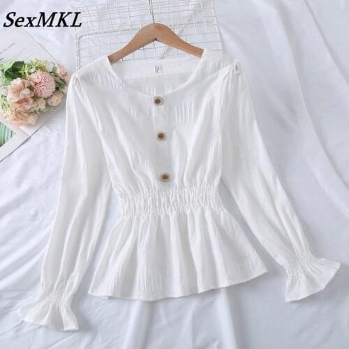 Fashion Flare Sleeve Chiffon Blouses Women 2021 Elegant Korean Slim Corset Top Blouse Autumn Button Purple Tops Blusas Femininas