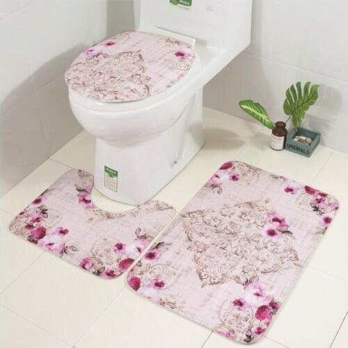 New Three-Piece Flannel Toilet Floor Mat Set with flower and forest Printing Toilet Cover and Rugs Non-Slip Bathroom Pad