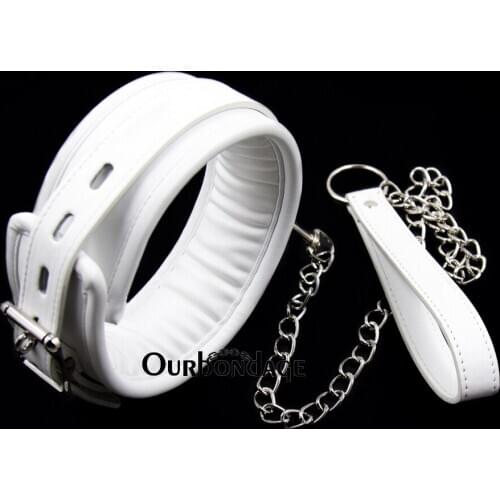 Ourbondage Thickened Sponge White PU Leather BDSM Collar Sex Slave Necklace with Leash For Women Fetish Adjustable Sex Toys