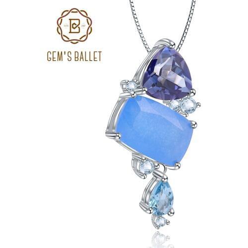 GEMS BALLET Natural Aqua-blue Calcedony Gemstone Fine Jewelry 925 Sterling Silver Handmade Candy Pendant Necklace For Women