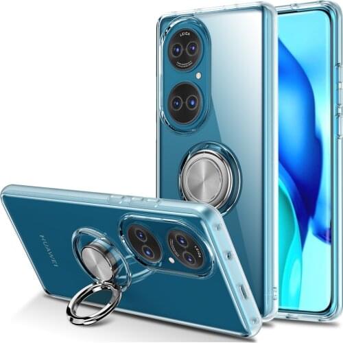 Transparent Phone Case for Huawei P50 Pro P 50 Ultra Slim Soft TPU Integrated Metal Ring Back Cover Car Magnetic Kickstand Shell