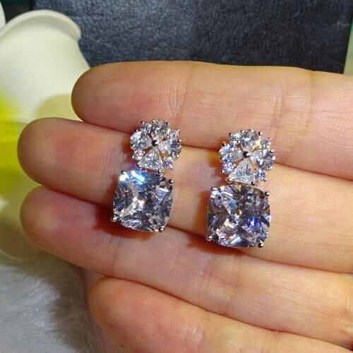 Luxury Statement Bijoux 925 Sterling Silver Mosaic CZ Square Cut AAA Zircon Flower Earrings for Women Oorbellen Brincos