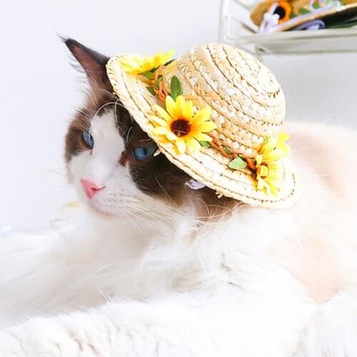 Pet Cat Dog Flower Hat Sun Spring Summer Shade Straw Cap Fashion Durable Puppy Outdoor Travel Walking Supplies