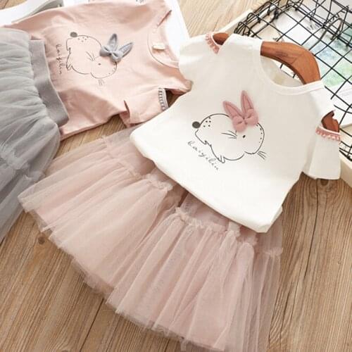 Baby Girls Rabbit Clothing Set Summer Shoulder Off Cotton T Shirt and Mesh Lace Skirt Kids Girls 2Pcs Outfits Clothes Suit