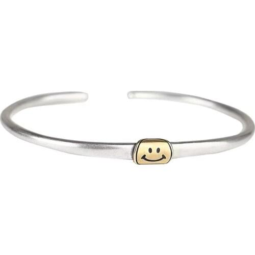 Inspirational Happy Smile Face Bracelets Adjustable Mantra Cuff Bangle Shiny S925 Sterling Silver Jewelry Gift For Women Girls
