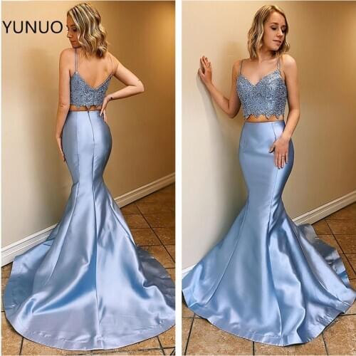 YUNUO Two Pieces Mermaid robe de soiree Evening Dress Beaded Lace Top Satin Prom Party Gowns vestidos de fiesta de noche