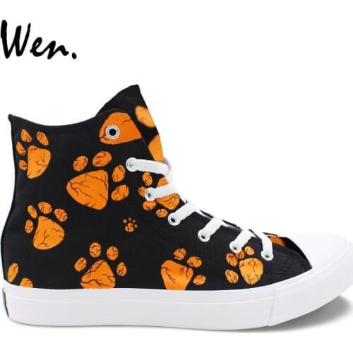 Wen Design Black Hand Painted Shoes Dog Paws Print High Top Sports Skateboarding Shoes Men Women Canvas Outdoor Sneakers