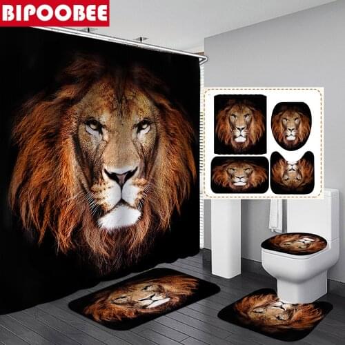 Lion 3D Printed Shower Curtain Animal Black Bathroom Curtains and Anti-slip Rugs Toilet Lid Cover Bath Mat Set Pedestal Carpet