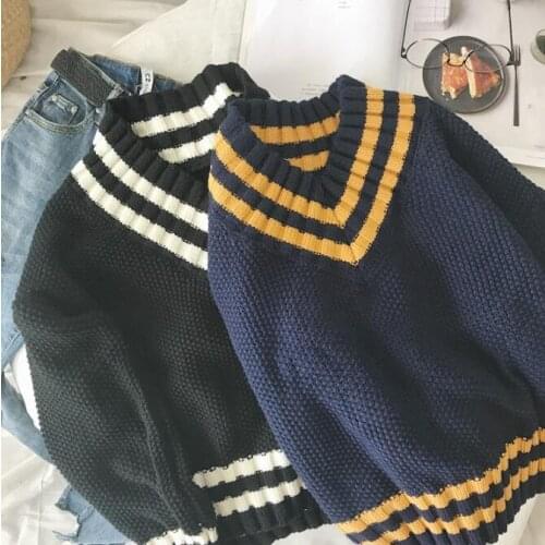 Autumn V-neck Sweater Women Vintage Jumper Blue Knitted Striped Sweaters For Women White Harajuku Sweater Pullover Winter Warm