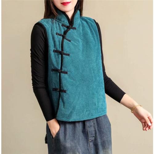 Chinese Style Retro Corduroy Cotton Vest Women Fall Winter Plus Velvet Disc Buckle Tea Clothes Waistcoat Jacket Ethnic Top