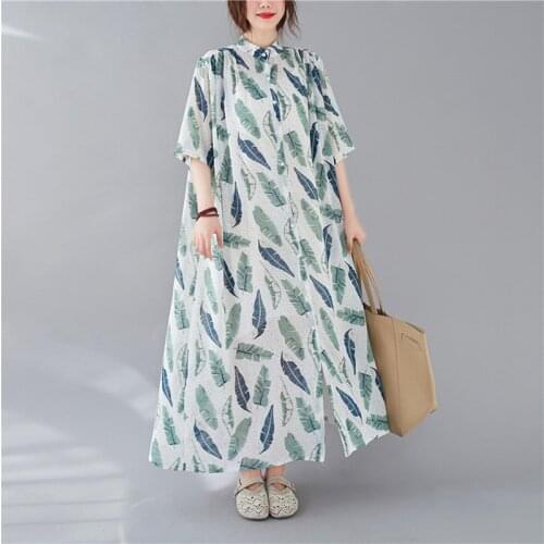 Johnature New Casusal Print Single-breasted Women Dress 2021 Summer O-neck Short Sleeve Loose Female Dresses