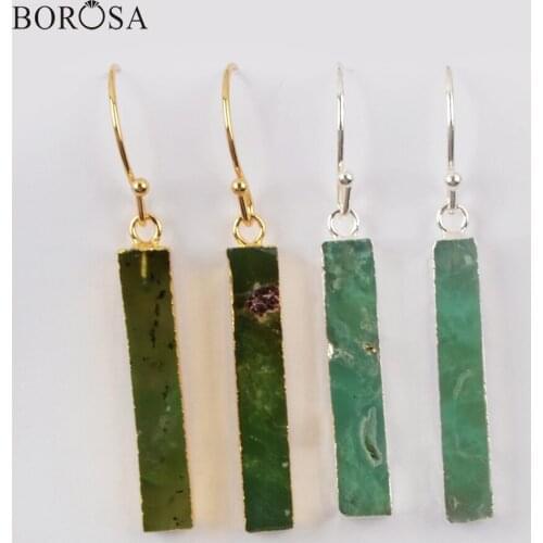 BOROSA Gold/Silver Plated Natural Australian Jades Drop Earrings Rectangle Natural Chrysoprases Dangle Earrings for Women G1922