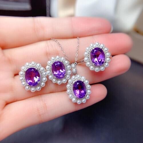 100% Real Natural Amethys Set 925 Sterling Silver 1pc Amethys Ring,2pcs Amethys Earring,1pc Amethys Pendant Female Party Jewelry