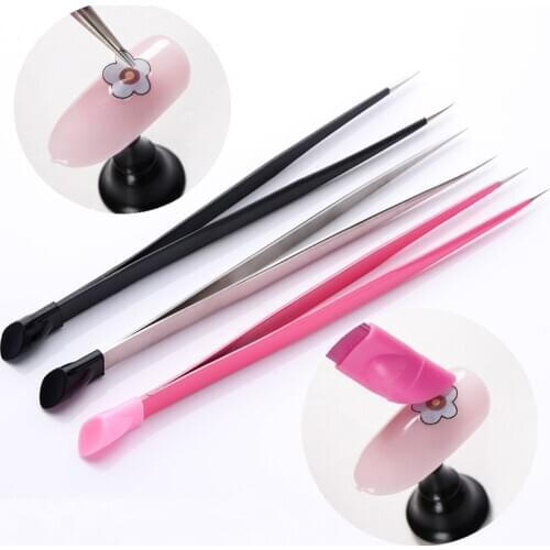 2 Heads Straight Nail Tweezers With Silicone Pressing Head For 3D Sticker Rhinestones Water Sticker Picker Metal Nails Supplies