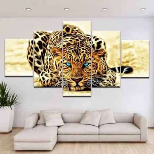 5 Piece Canvas Painting Art Animal Wall Pictures For Living Room Decor Creeping Leopard Print Large Modern Home Wall Poster