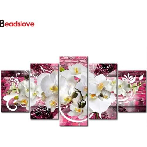 5 Pieces 5d diy diamond painting full square round Beautiful orchid embroidery diamond mosaic For Living Room art