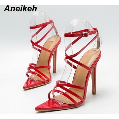 Aneikeh 2021 New Ladies Fashion Womens Shoes PU Thin Heels Sandals Open Party Elegant Shallow Ankle Strap Back Sexy Solid Black