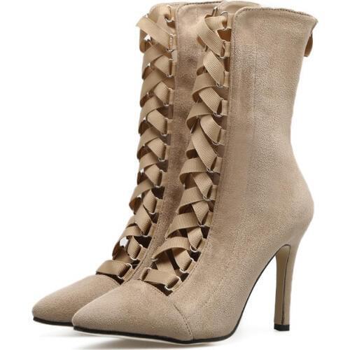 Gladiator High Heels Women Pumps Genova Stiletto Sandal Booties Pointed Toe Strappy Lace Up Pumps Shoes Woman Boots