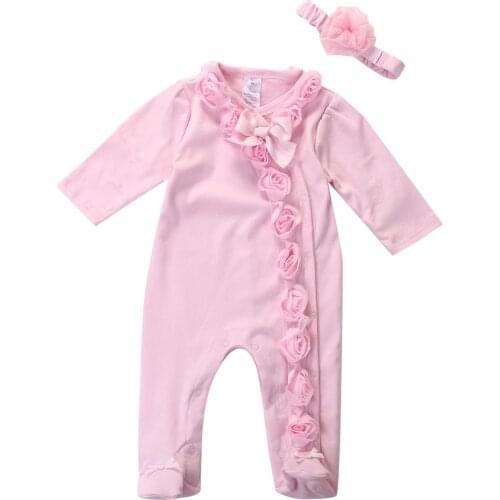 Newborn Toddler Infant Baby Girls 0-7M Floral Romper 2pc Long Sleeve Headband Clothes Outfits Set Pink