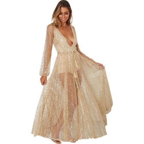 Sequin Maxi Long Dresses Women Bodycon Autumn Mesh Gold Dresses Sexy Elegant Party Dress Vestidos De Fiesta Vestido 2018 New