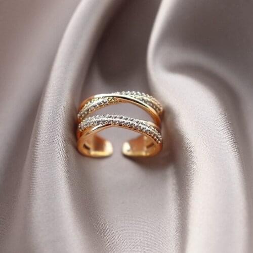 HIYONG 2021 New Cross Opening Ring Elegant Cubic Zircon Rings Gold Color Geometric Ring Wedding Party Unusual Jewelry for Women
