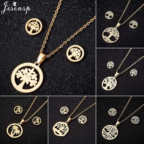Jisensp Vintage Fashion Life of Tree Pendant Necklace Simple Creative Stainless Steel Jewelry Set for Women Lucky Jewelry Gifts