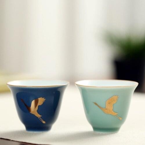 Ceramic Whiteware Kung Fu Cup Ceramic Teacup Roasted Gold Auspicious Crane Painting Tea Set Master Cup Small Cup Single Cup