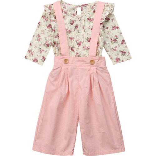 Citgeett Cute Newborn Kids Baby Girl Floral Ruffle Tops Bib Strap Suspender Pink Pants Outfit Autumn Sweet Set Clothes