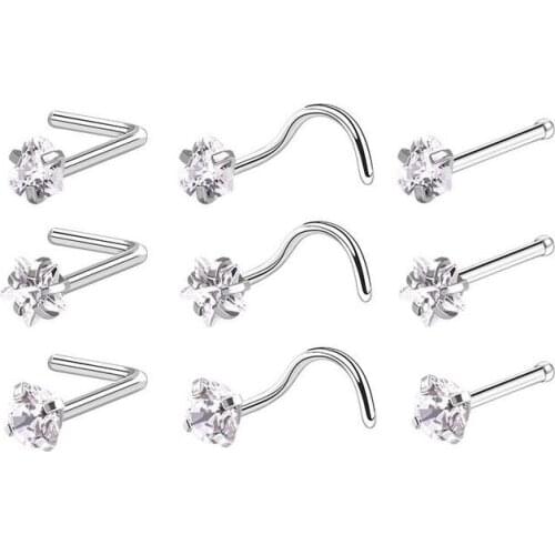 3 Pcs I L Shape Screw Nose Studs Set Round Star Heart Cubic Zirconia Tragus Ring Ear Studs Surgical Steel Nose Piercing 20G