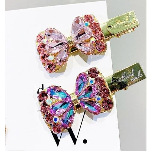 Korean Bow Hair Clips Purple Crystal Rhinestone Rubber Hairpin Barettes Headdress Jewelry Headpiece Hair Accessories for Girls