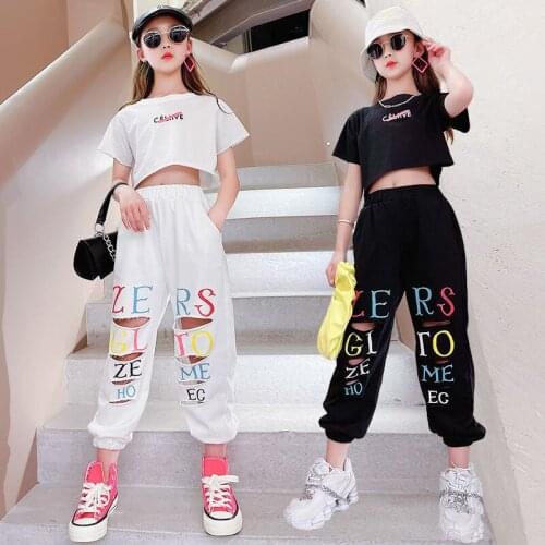 Teen Girls Suit Sets Short Sleeve T-Shirt And Ripped Pants Summer New Arrivals Childrens Clothing Sets Teenager Sport Outfits