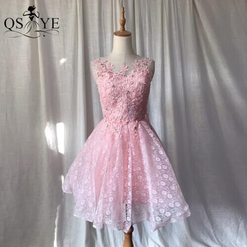 Lace Pink Short Homecoming Dress Sexy Mini Lace Prom Gown A Line Appliques Party Dress Stones Lace Up Back Short Evening Gown