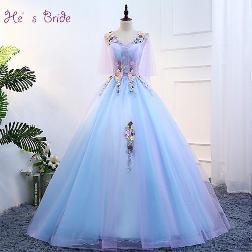 Hes Bride Flower Lace V-neck Flare Sleeves Lace Up Back Floor-Length Ball Gown Blue Wedding Dresses Custom Vestidos De Novia