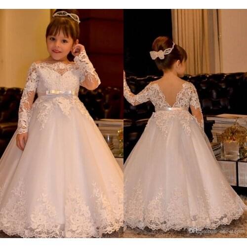 Little Flower Girls Dresses for Weddings Lace off Shoulder Long Sleeves Girl Pageant Gowns Floor Length Ball Gown Kids First Com