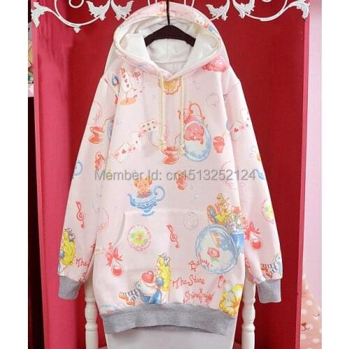 Cute Winter Womens Lolita Alice In wonderland Poker Kettle Kawaii Loose Hoodie Harajuku Long Sleeve Top Tee Fairy Kai