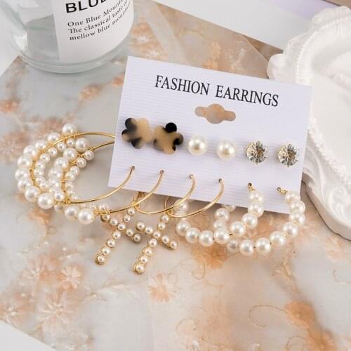 Fahion Bohemian Pearl Hoop Earrings Sets For Women Geometric Statement Gold Big Circle Drop Earrings 2021 Trend Earrings Jewelry