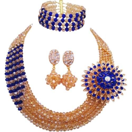 Fashion champagne gold royal blue nigerian wedding african beads jewelry set crystal