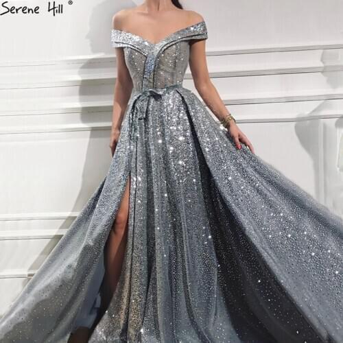 Newest Grey Off Shoulder A-Line Evening Dresses 2020 Sequined Vintage Fashion Glitter Sexy Evening Gowns BLA6600