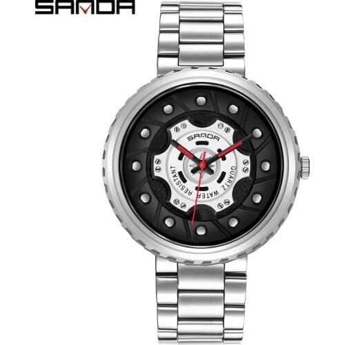 SANDA 2020 Brand New Men Watch Unique Wheel Dial Quartz Wristwatch Steel Strap Waterproof Car Watch Gifts Relogio Masculino 1043