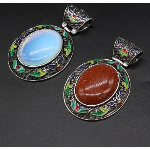 New Style Natural Stone Alloy Pendant Lace Egg Shaped Semi-Precious For Jewelry Making DIY Necklace Bracelet Accessory