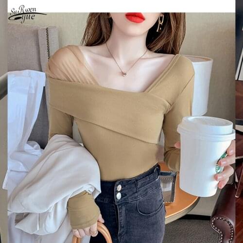 Autumn New Short Square Collar Bottoming Shirt T-shirt Long Sleeve Shirt Cotton Slim Clothes Office Lady Blusas Mujer 15807
