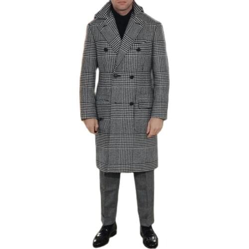 Grey Houndstooth Blazer Coat Greatcoat Men Suits Peaked Lapel Outfit Custom Made One Piece Long Overcoat High Quality Jacket