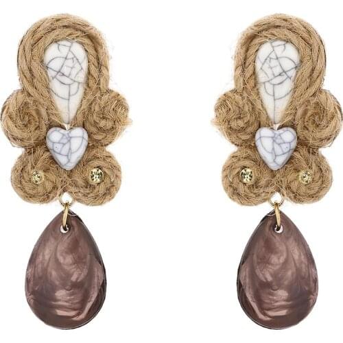 Vintage Brown red Woven Straw Rope Dark Crystal Pendant Earrings with Rhinestone Pattern Earrings Fashion Jewelry