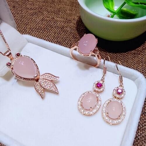 Jadery 3pcs Natural Pink Jade Chalcedony Gemstones Ruby Jewelry Sets Charm Rose Gold Silver 925 Jewelry Set Party Jewelry New