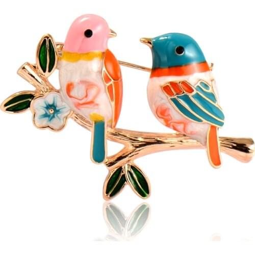 Blucome 2021 Multicolor Couple Birds with Branch Brooches Enamel Animal Corsage Pins for Women Kids Clothes Accessories Gifts