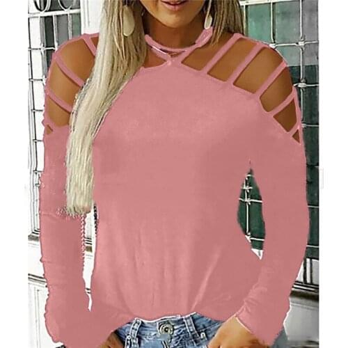 T-shirt Women 2021 New Long Sleeve Slim Tops Pullover T-Shirt off shoulder Hollow Fashion Top